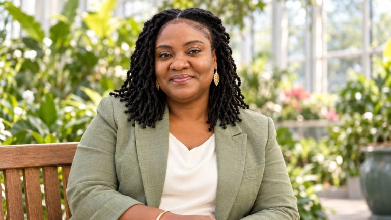 Lavern P. Oliver in a sage green blazer in a conservatory