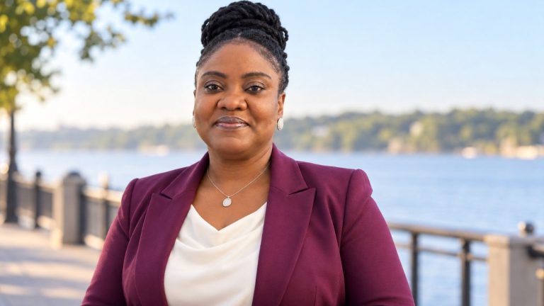 Lavern P. Oliver in a plum blazer at the waterfront