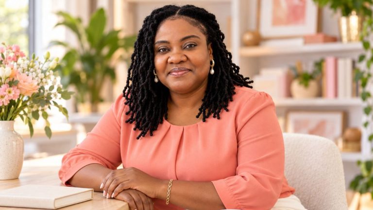 Lavern P. Oliver in a coral blouse at a writing table