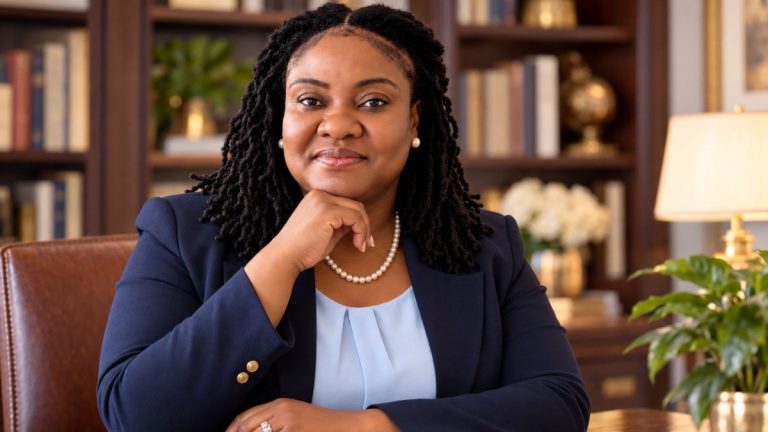 Lavern P. Oliver in a navy blazer and pearls at a library desk