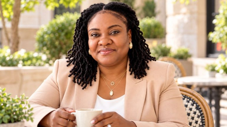 Lavern P. Oliver in a champagne blazer at an outdoor café