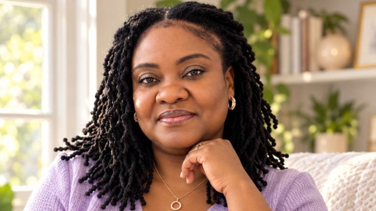 Lavern P. Oliver in a lavender sweater with a journal
