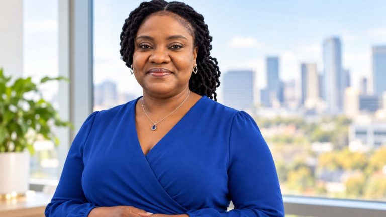 Lavern P. Oliver in a cobalt blue blouse by an office window