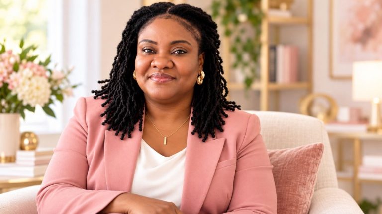 Lavern P. Oliver in a blush pink suit seated in a cream chair